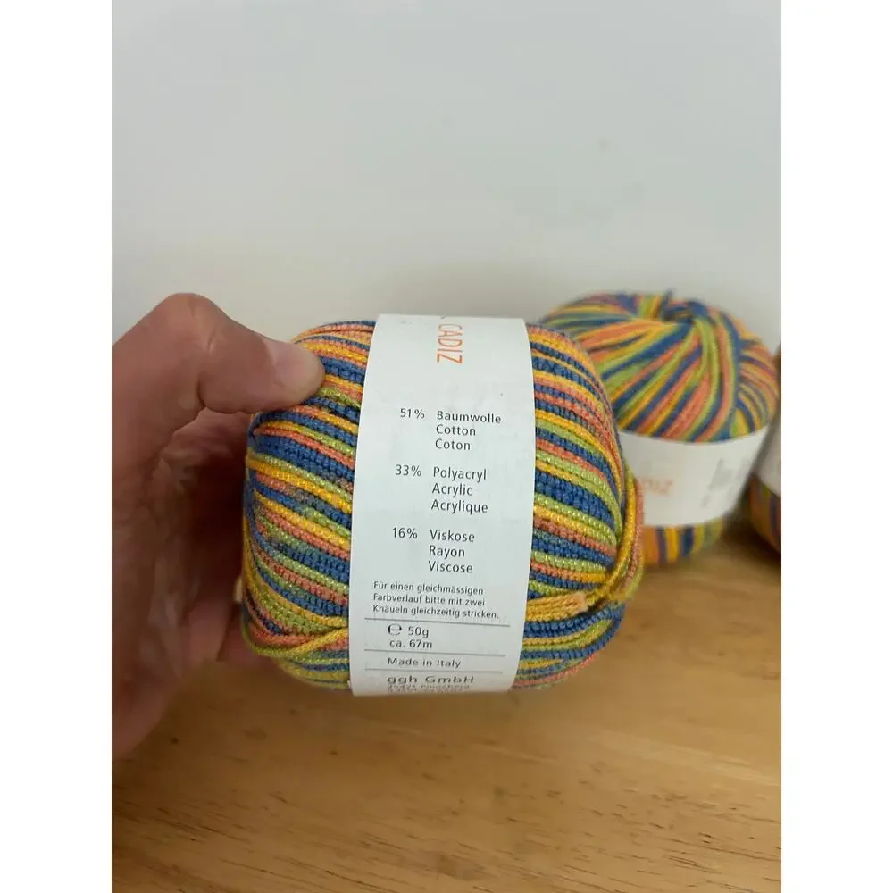 FFH Cadiz Multicolor Cotton Acrylic Viscose Yarn 3 Skeins Rainbow Stripe Blend